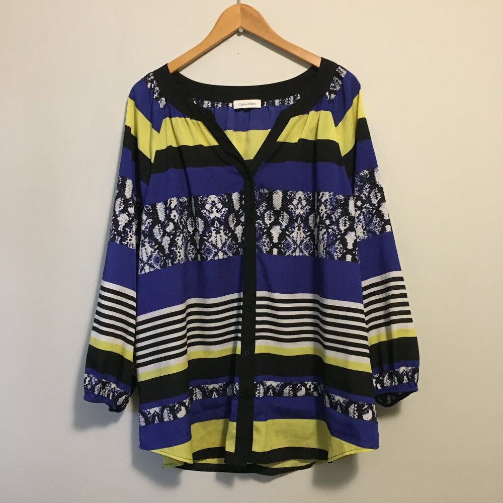 Calvin Klein Modern Colourblock Print Sheer Button Down Tunic Blouse 2X